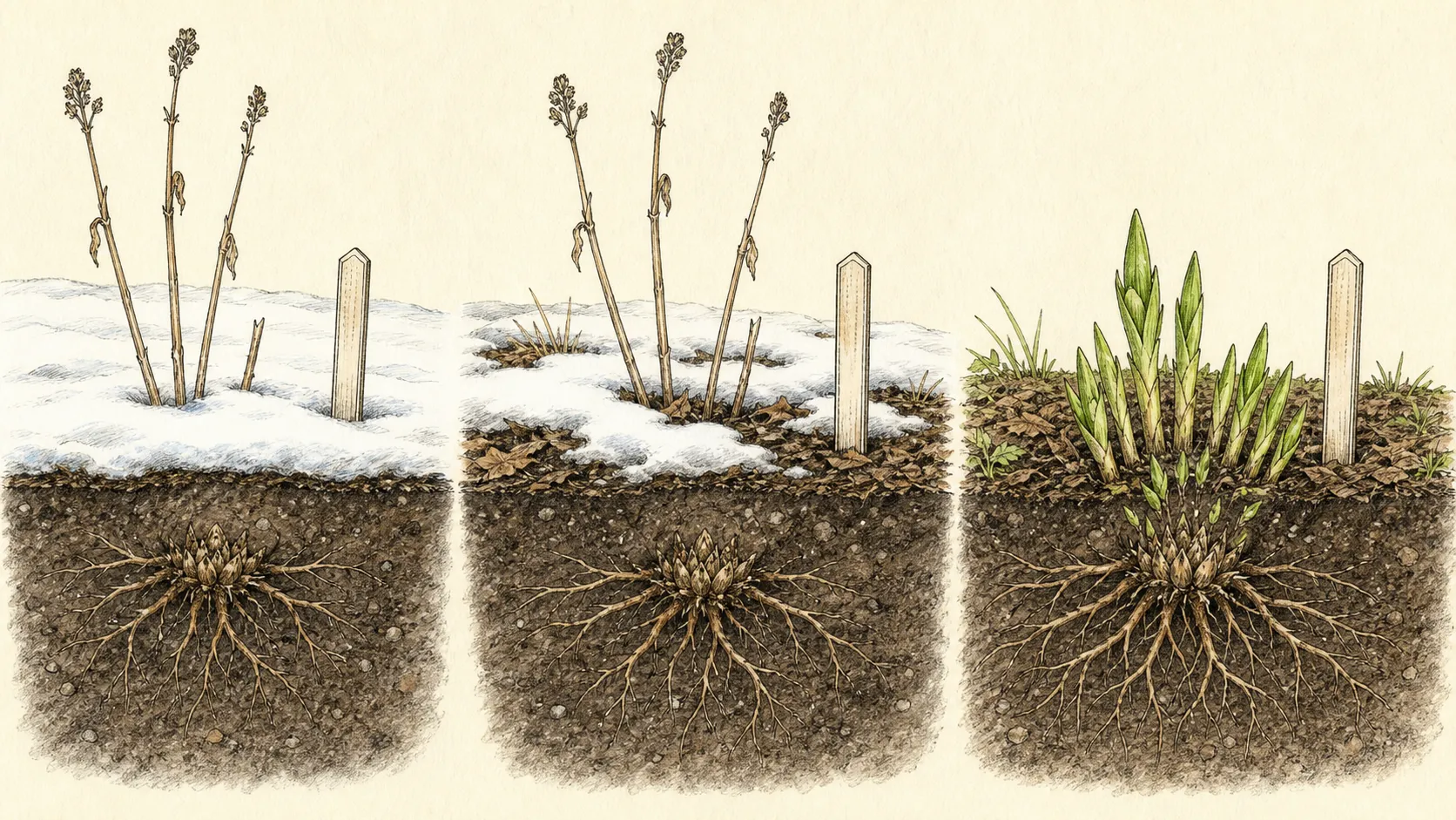 Three-stage soil cutaway showing a marked dormant crown under snow, after thaw, and beside safe late spring shoots