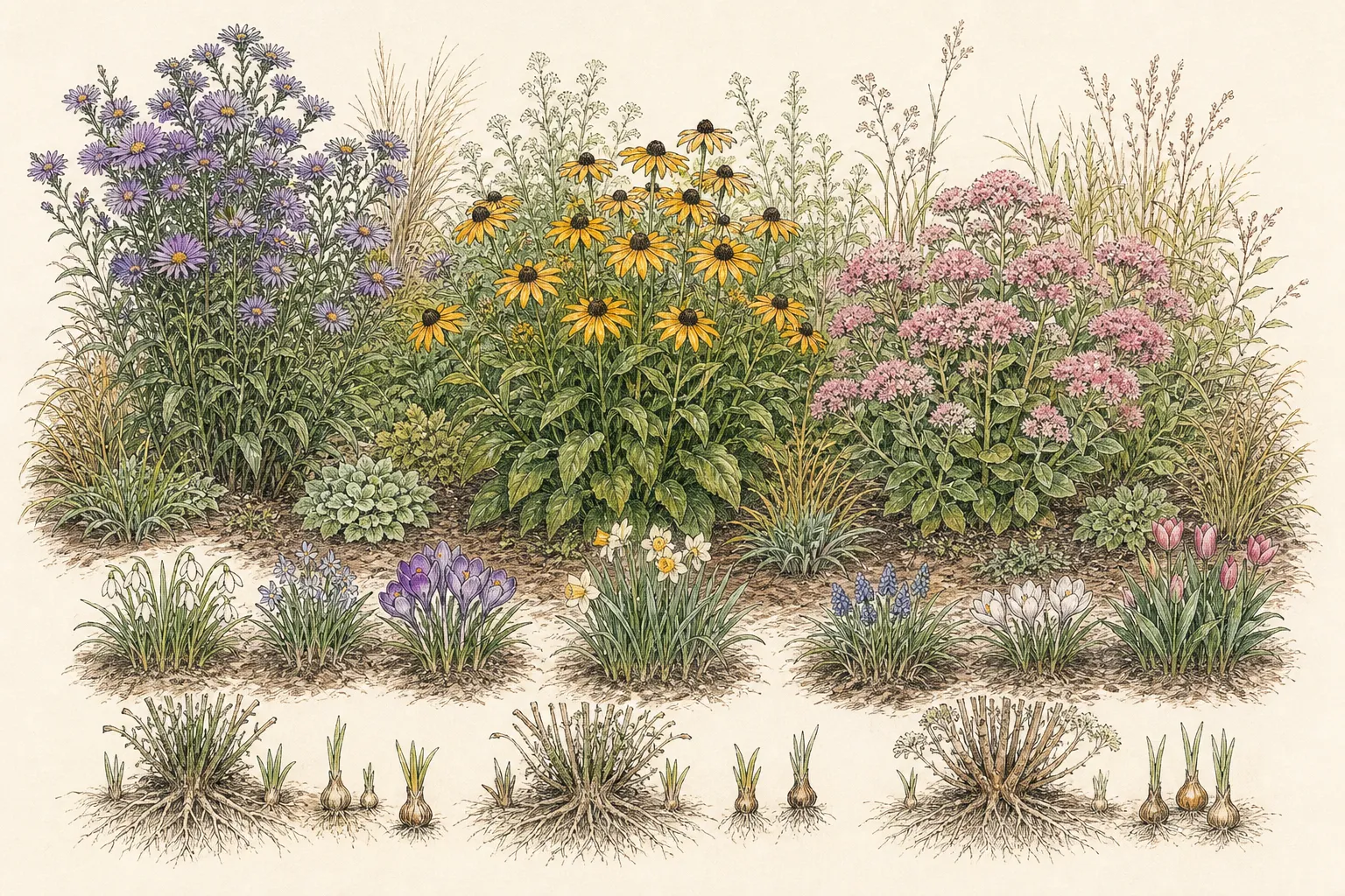A border plan layers small spring bulb drifts between mature perennial crowns while preserving late-summer foliage groups and stepping access