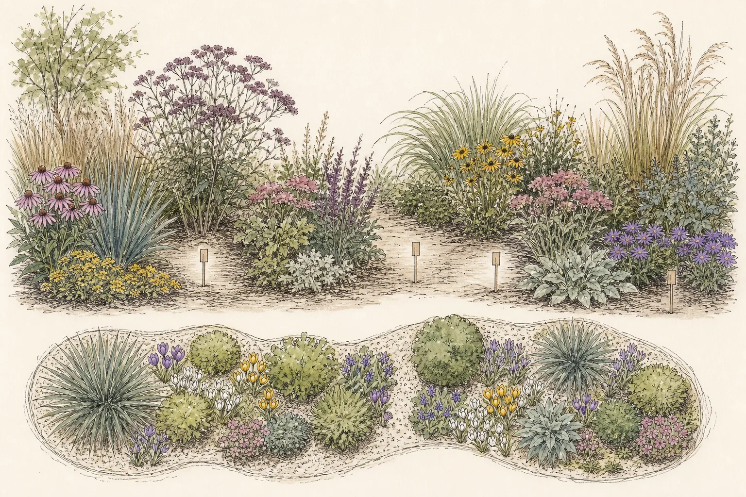 A perennial border photographed in late summer is traced into zones for quiet gaps, mature crowns, access steps, and strong existing foliage