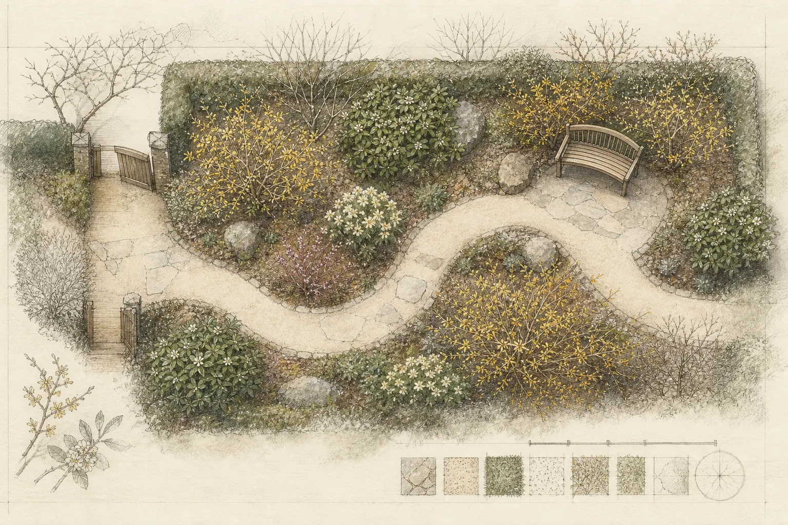 Overhead plan of a late-winter fragrance path with sheltered pauses and spaced fragrant shrubs