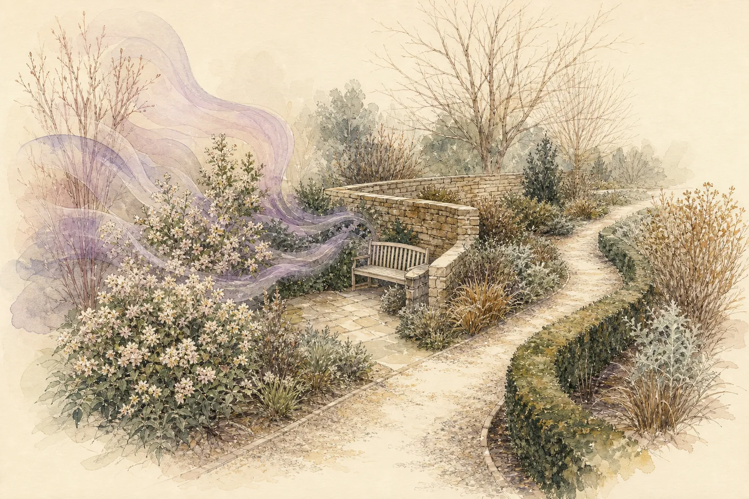 Garden design study showing winter wind moving past shelter toward a fragrant shrub and a path pause