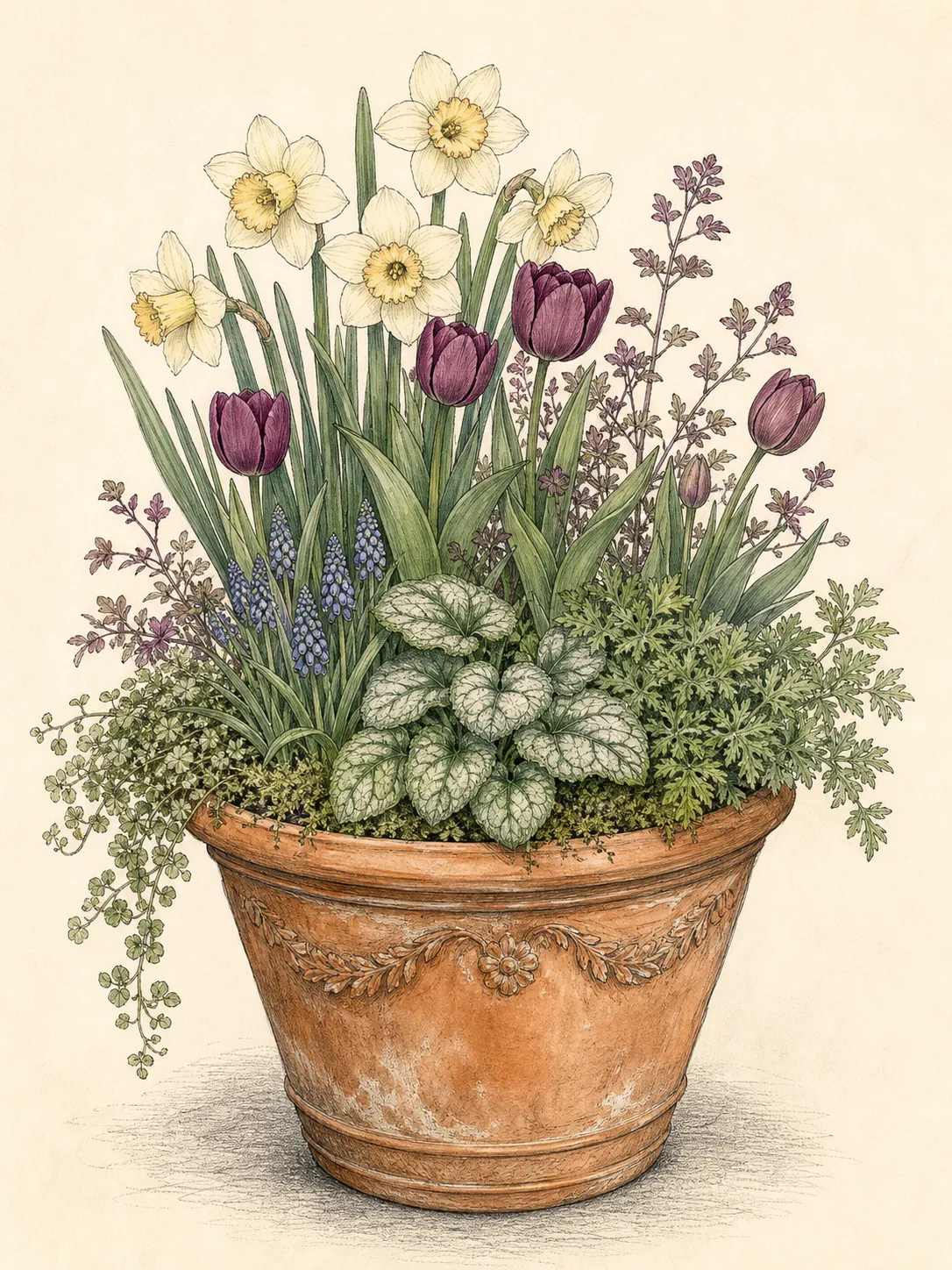 Layered spring container with daffodils and tulips rising through a persistent perennial foliage framework