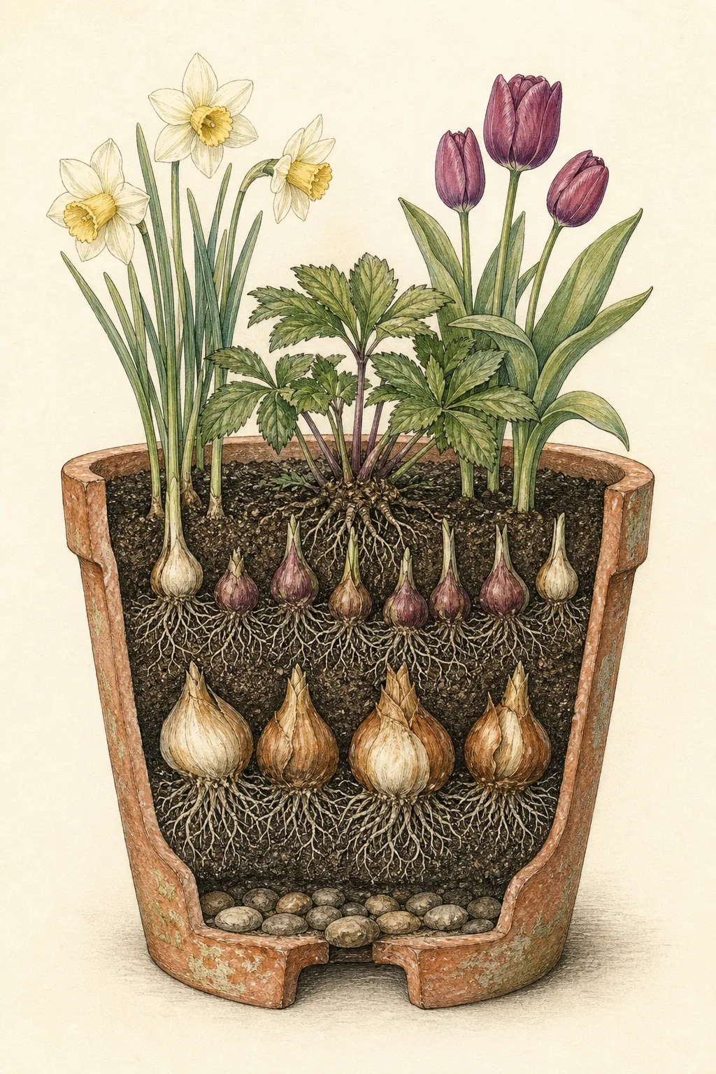 Deep container cutaway with drainage, large and small bulb layers and a perennial crown sharing one root zone