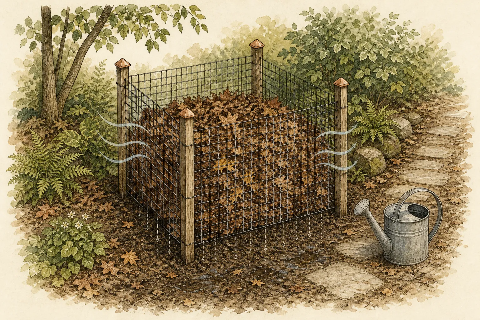 Cutaway garden drawing of a mesh leaf-mold cage with open sides, damp leaves, soil contact, and drainage