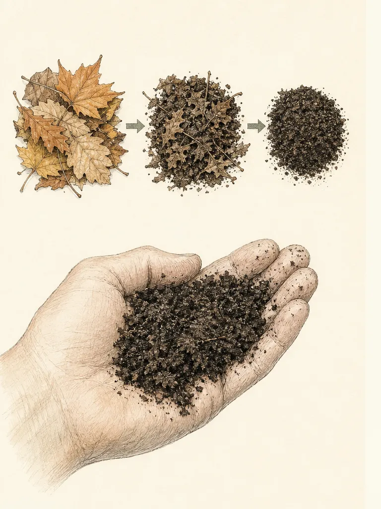 Hand and sieve comparing crumbly finished leaf mold with matted pieces that still retain recognizable leaf layers