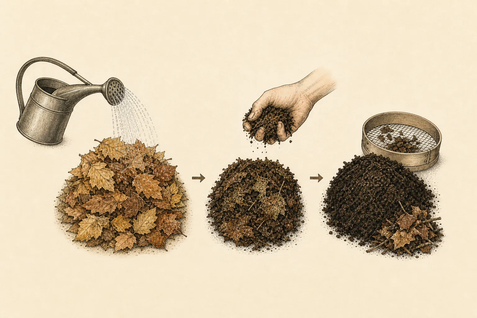 Three-stage botanical sequence of damp fresh leaves, a settled moist pile, and dark crumbly finished leaf mold