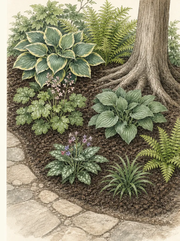 Shade-border section with finished leaf mold covering open soil while fern centers, perennial crowns, rhizomes, and shrub stems remain uncovered