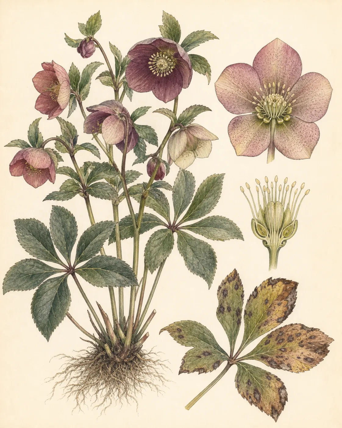 Botanical plate of hybrid Lenten rose showing nodding flower, petal-like sepals, divided leathery leaf, bud and clump habit
