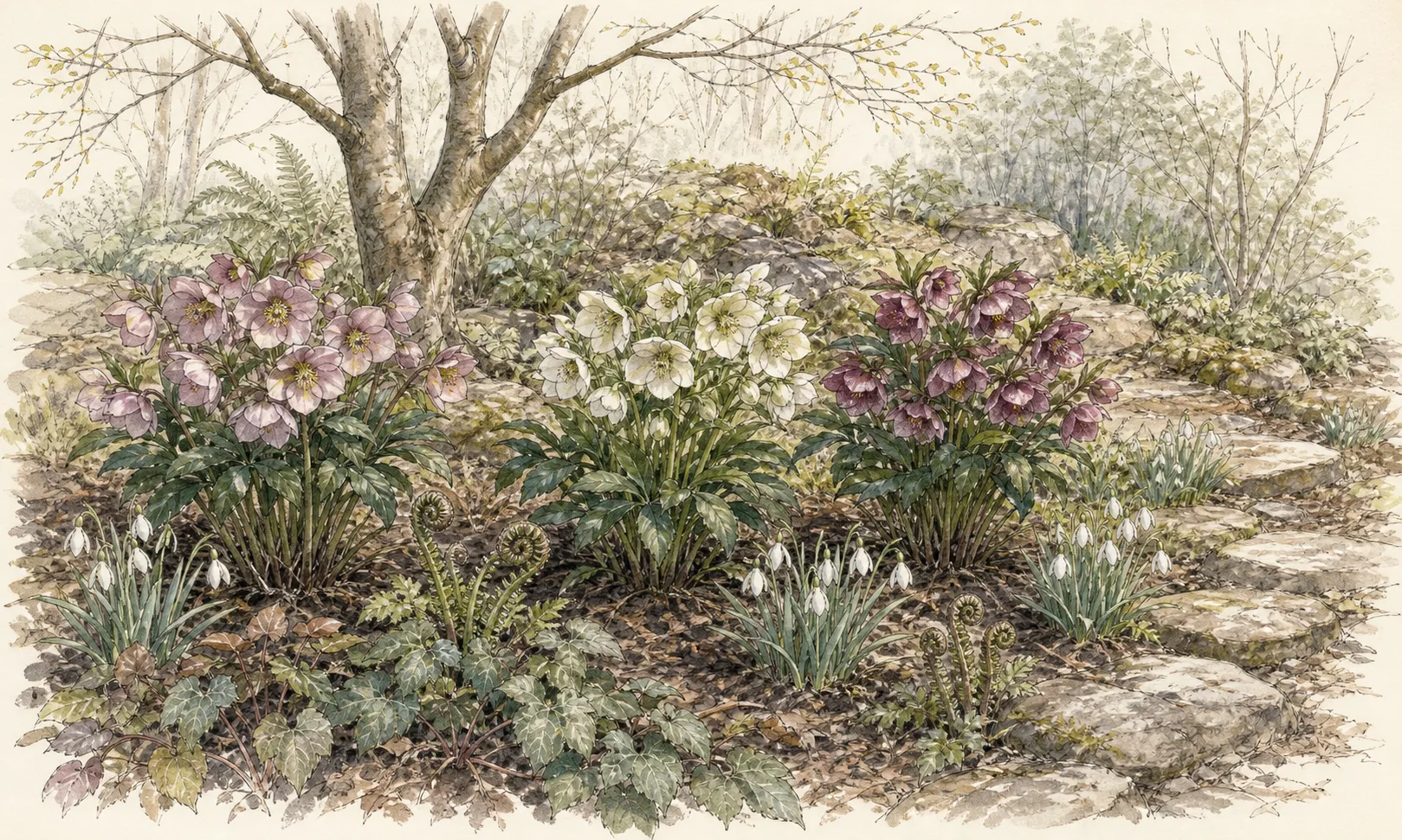 Sheltered shade-border composition with Lenten rose clumps, deciduous shrub framework and carefully spaced spring companions