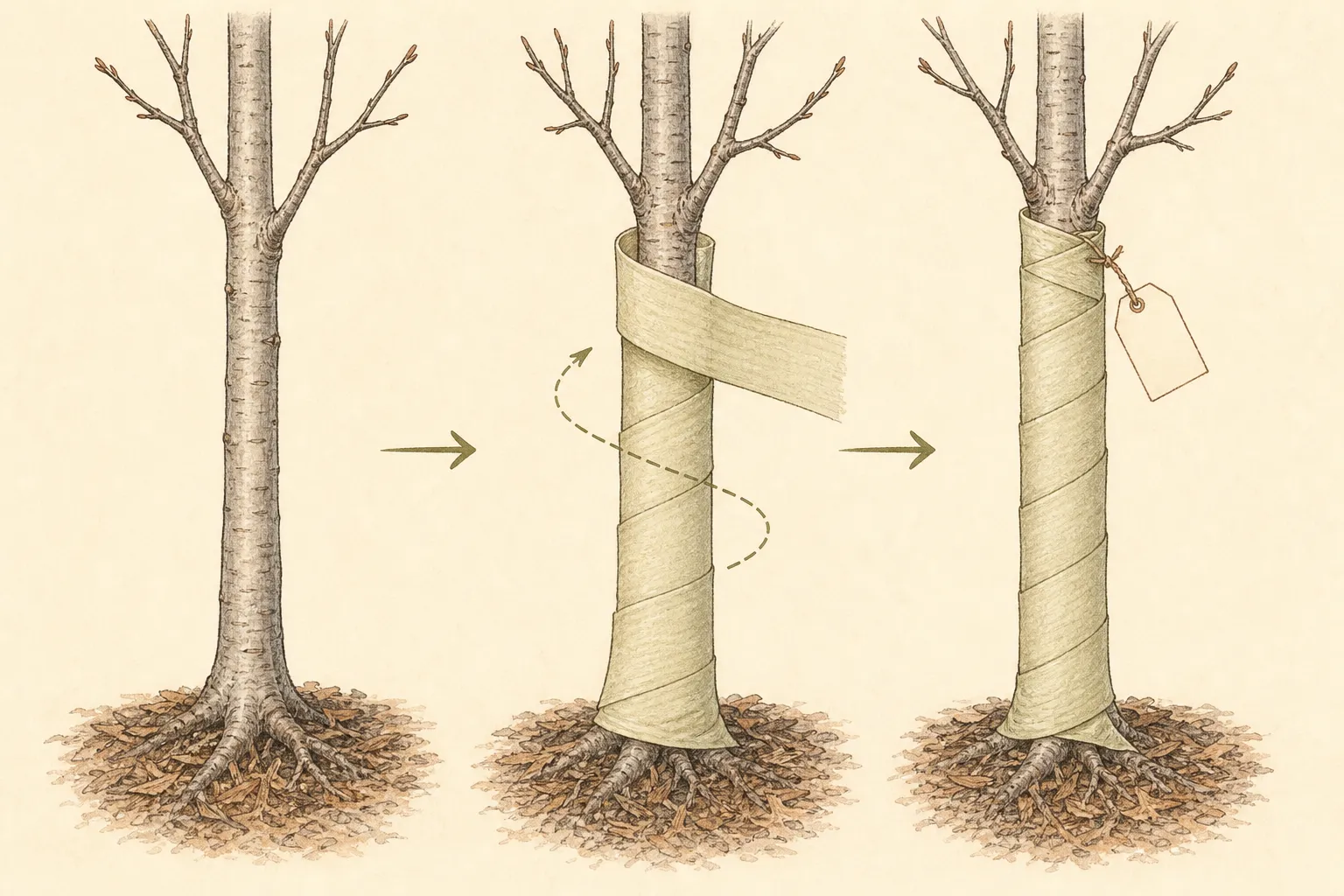 Three-step drawing of light crepe tree wrap starting at the trunk base, overlapping upward by one third, finishing at the first branch, and carrying a spring removal tag