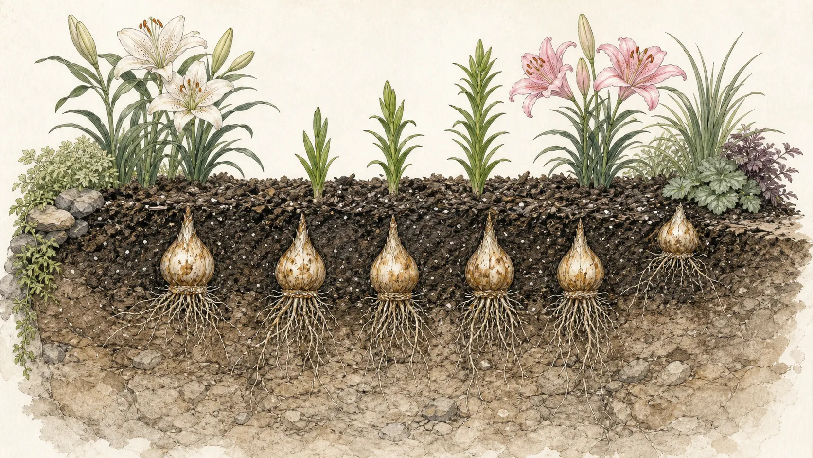 Soil section with grouped lily bulbs pointed upward at measured depth, spreading roots and free drainage
