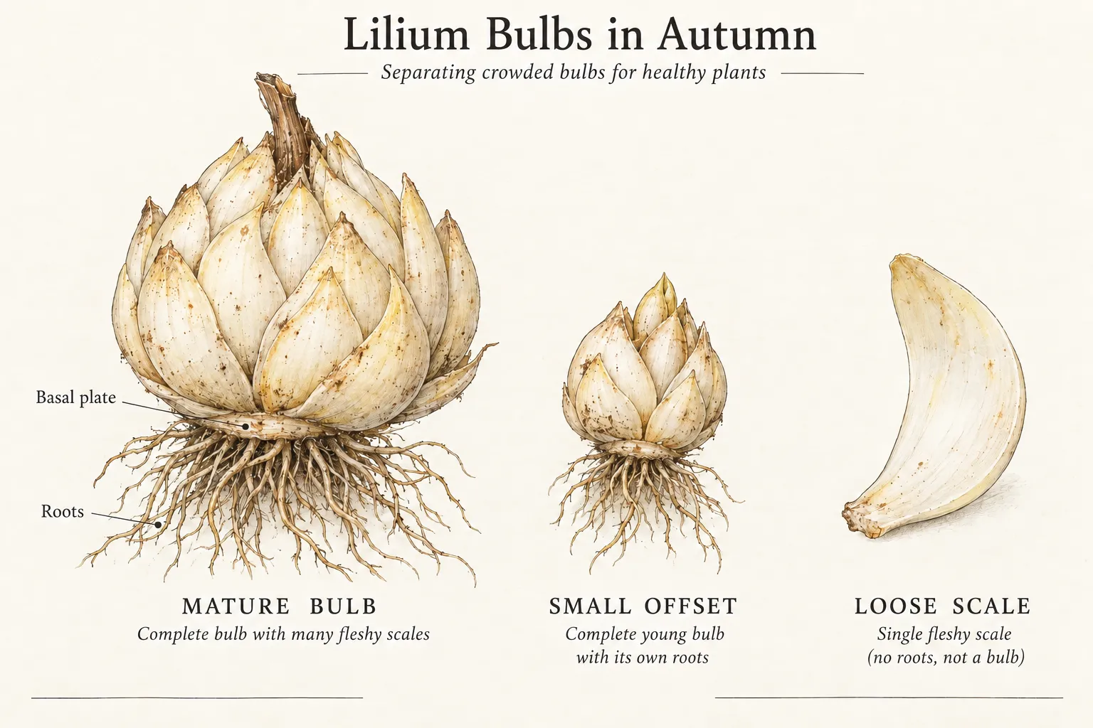 A mature rooted lily bulb, a smaller complete rooted offset and a detached single scale, with the basal plate labeled