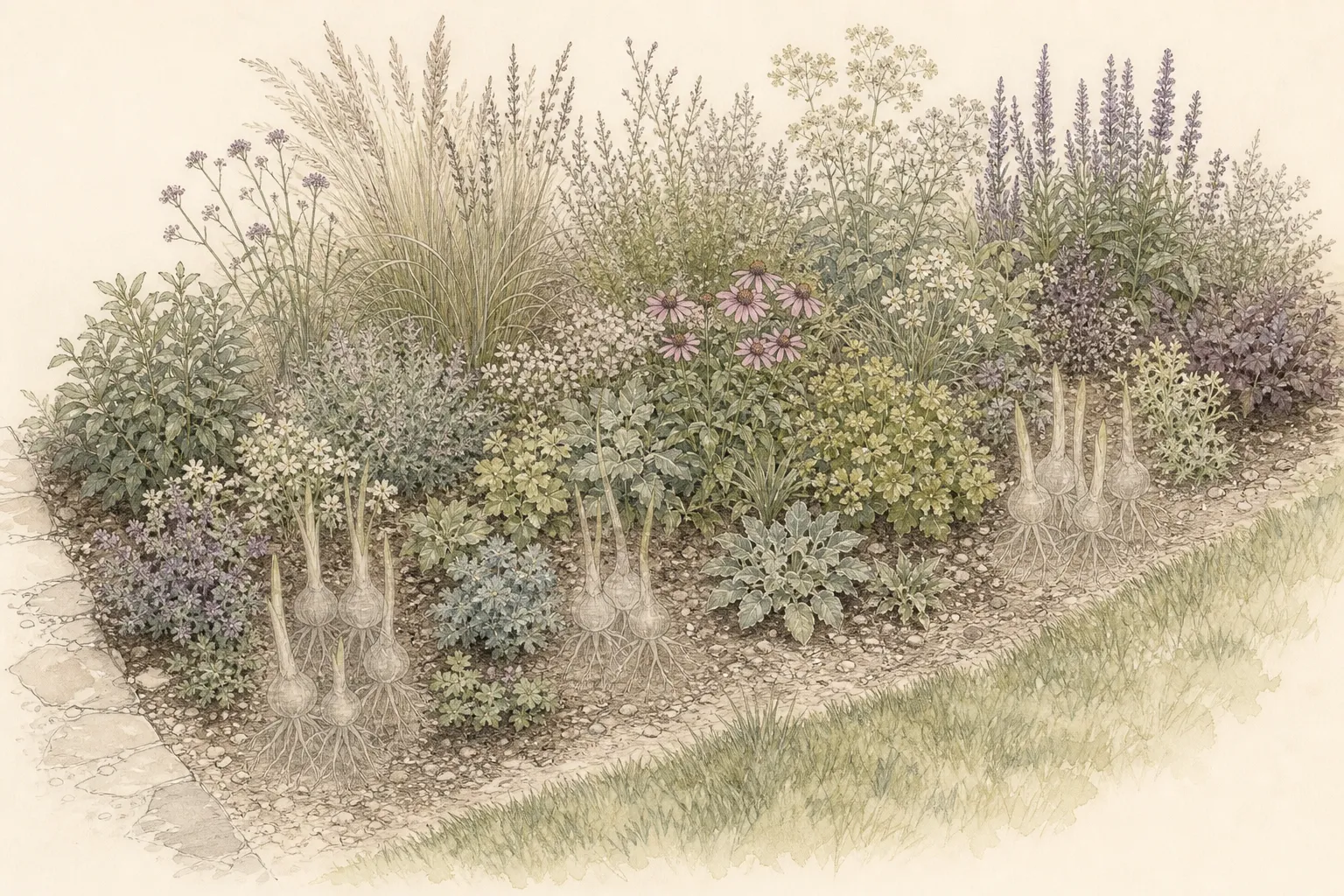 Overhead border plan with three loose lily groups among low perennials and faint bulb positions below