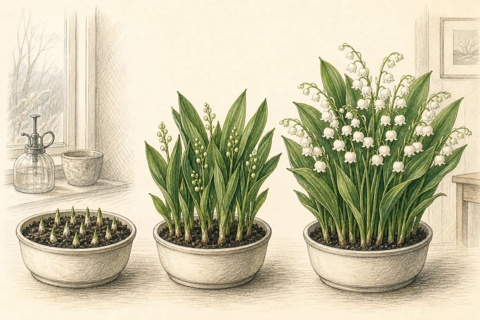 Forcing sequence from freshly potted lily-of-the-valley pips in cool indirect light to a dense pot of arching white bells ready for indoor display
