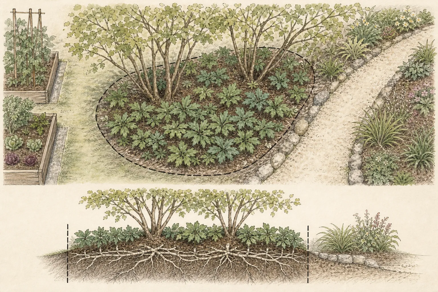 Garden study showing the placement and growth habit of Lily-of-the-Valley