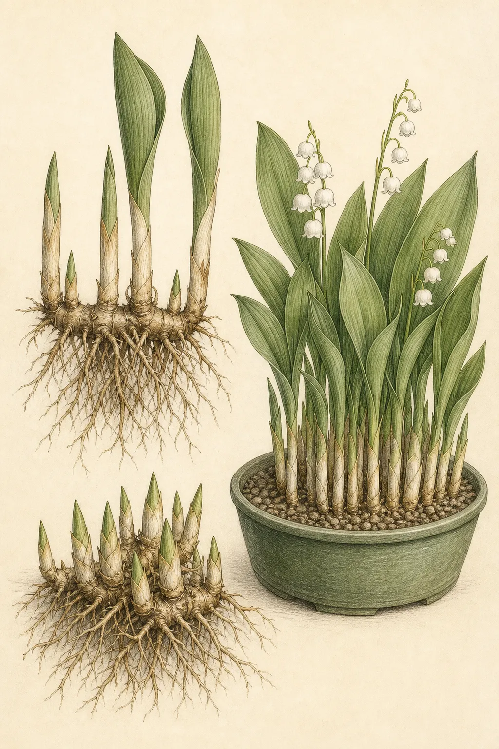 Botanical plate showing lily-of-the-valley pips with roots on rhizomes, the growing points packed closely in a shallow pot, and the upper buds left at the correct level in a well-drained medium