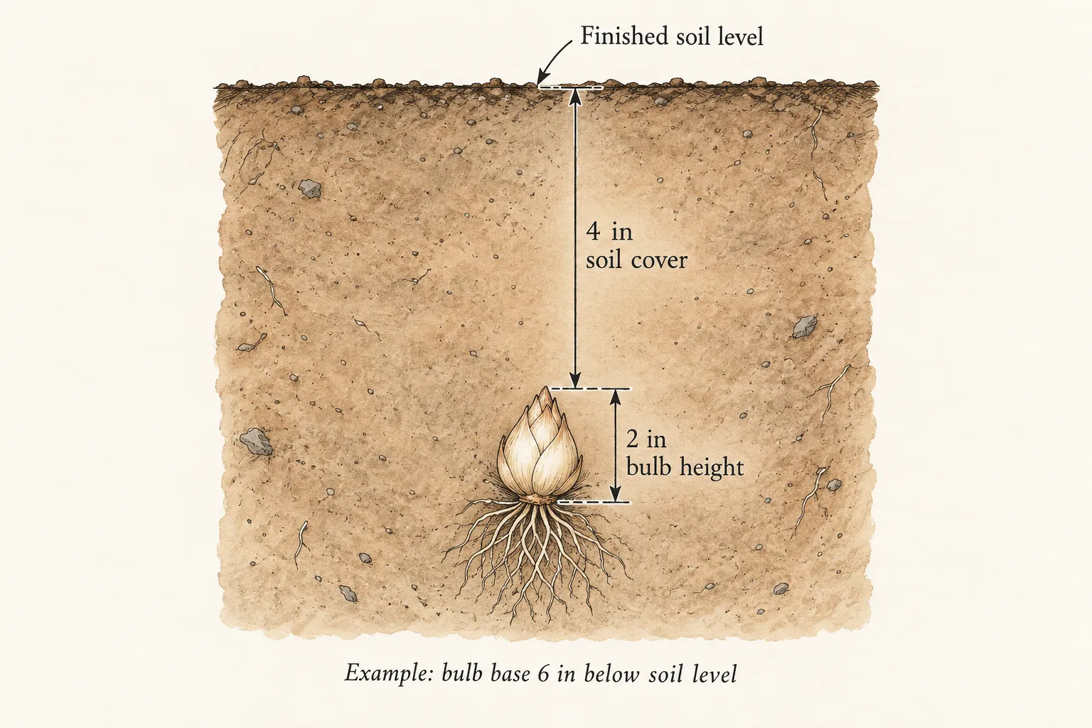 Soil section marking cover from finished soil level to the lily bulb tip, and bulb height from the tip to its rooted base