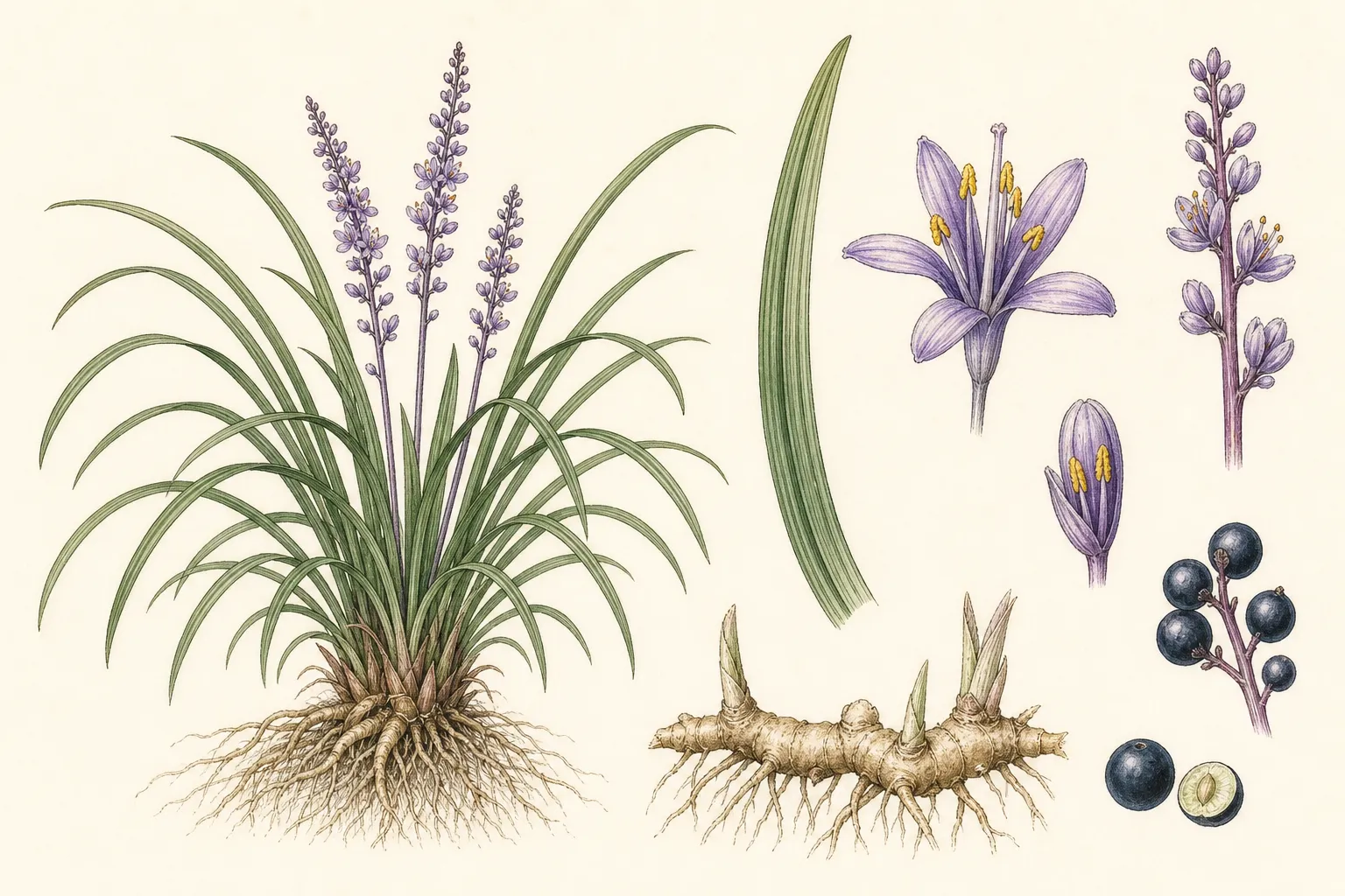 Botanical identification plate of Lilyturf, Liriope muscari