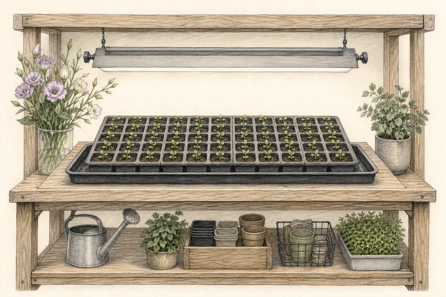 Tiny lisianthus seedlings in evenly spaced cells under broad close light with an open bottom-watering tray