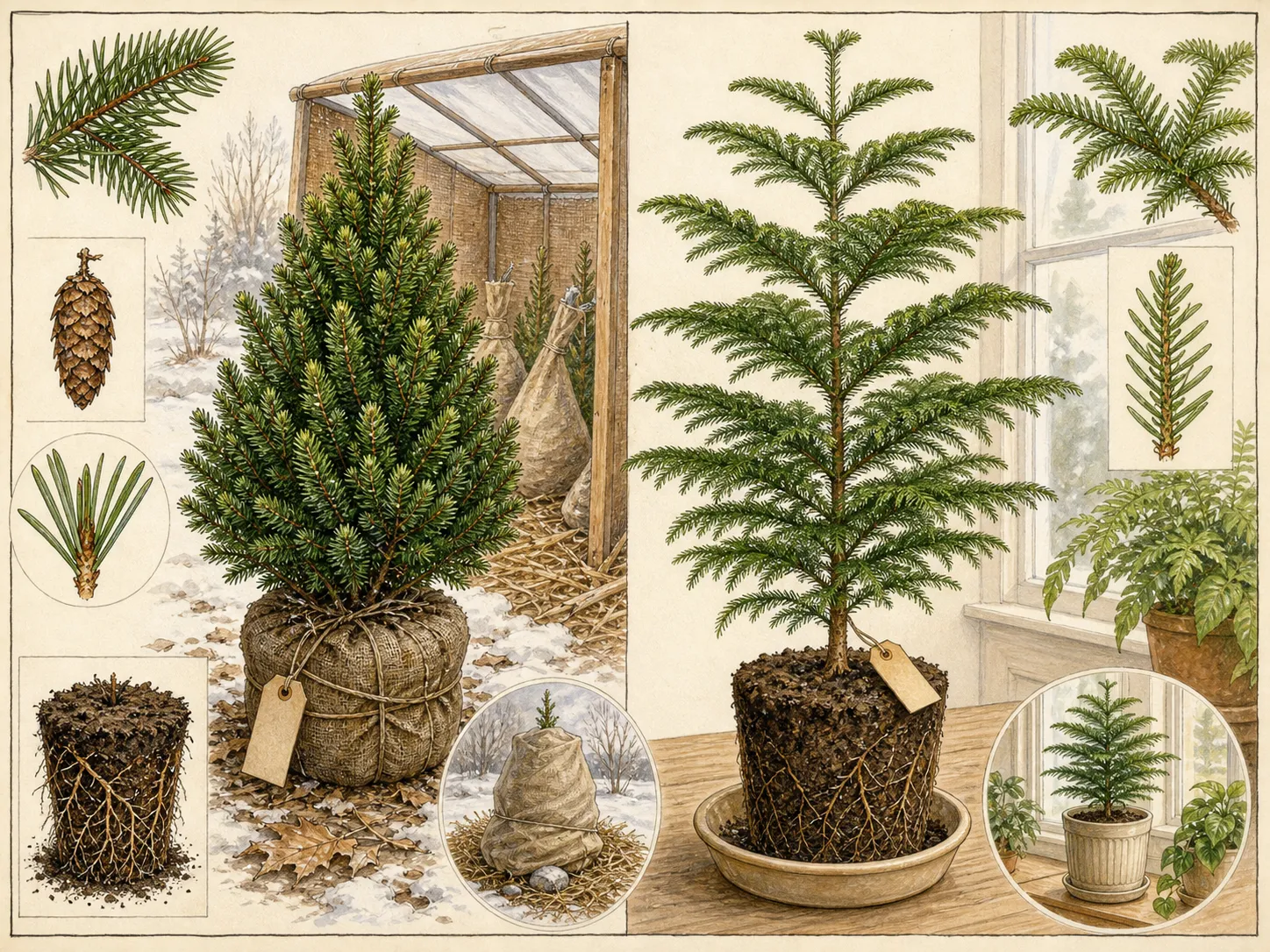 Label and species plate comparing a hardy dwarf Alberta spruce with a tender Norfolk Island pine and highlighting the hardiness tag, root ball, and eventual use