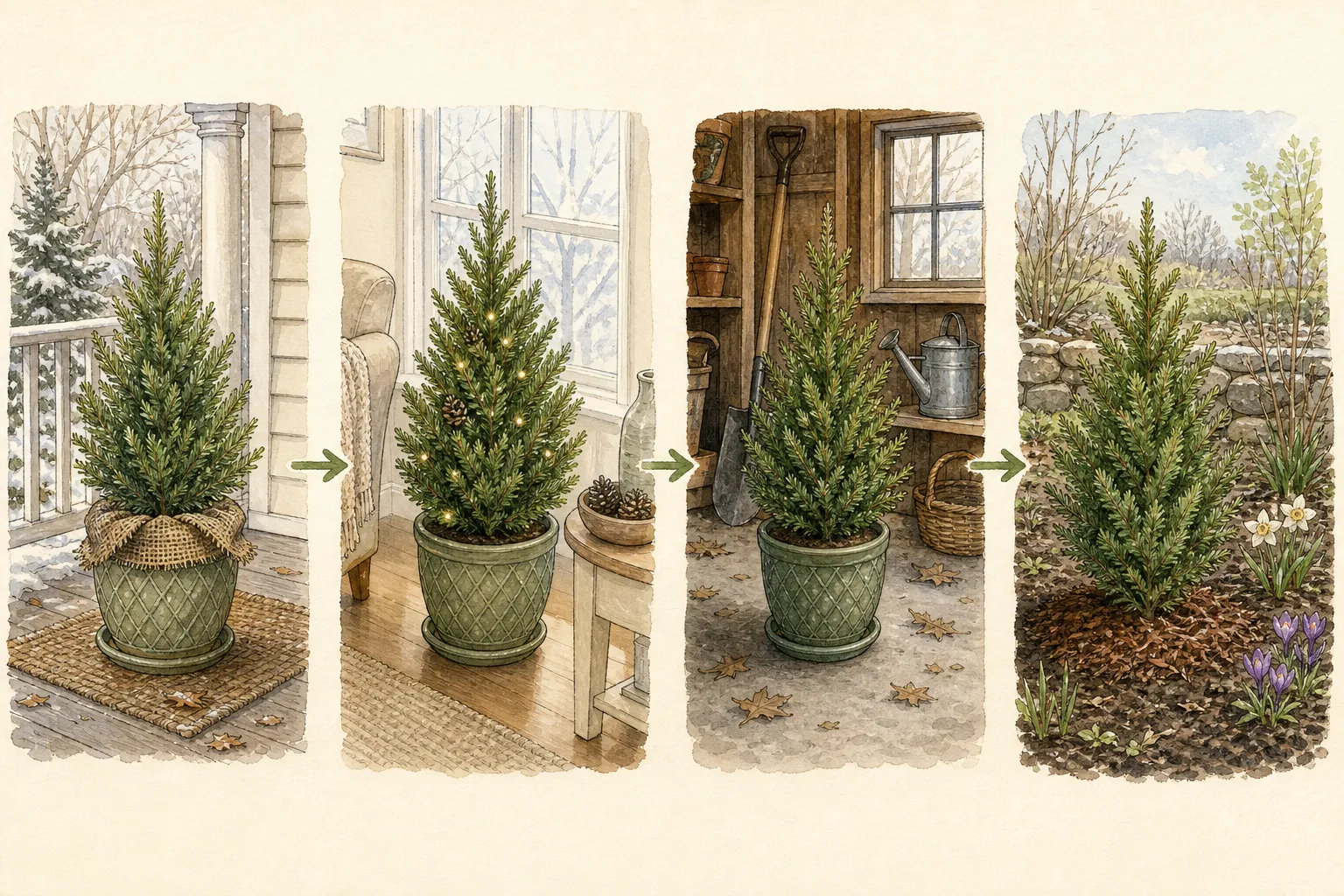 Four-stage sequence showing a tabletop conifer staged outdoors before use, displayed briefly indoors, returned to an unheated garage, and planted in spring
