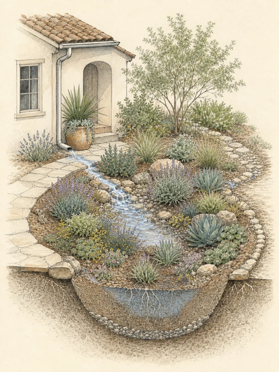 Front garden directing path runoff into a shallow planted basin while keeping drought-tolerant plants above the lowest point