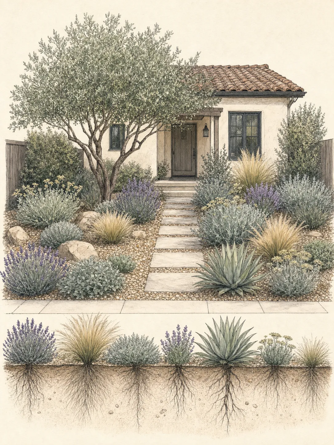 Structured low-water front garden with a small tree, repeated perennial drifts, grasses, mineral mulch and a clear entry path