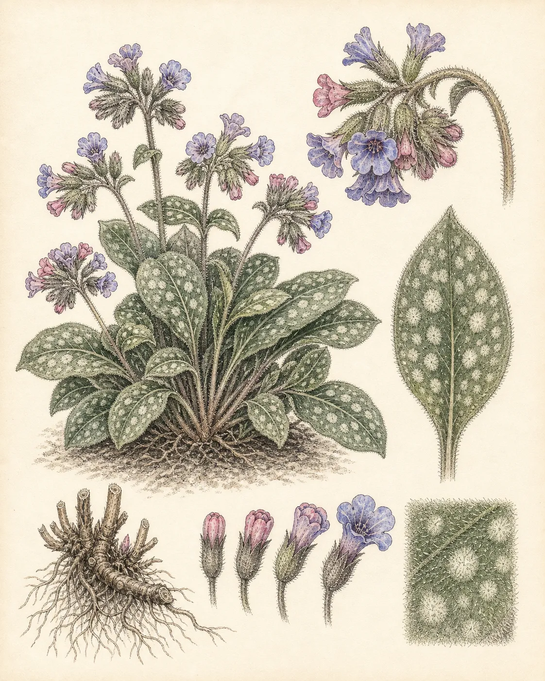 Botanical plate of lungwort showing spotted leaves, hairy texture, rhizomatous crown, and flowers shifting from pink to blue