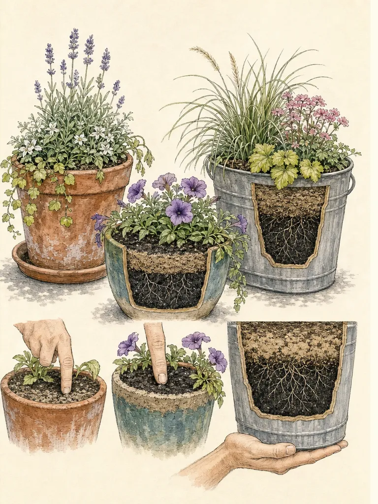 Three ornamental containers compared by plant posture, moisture below the surface and safely tested pot weight