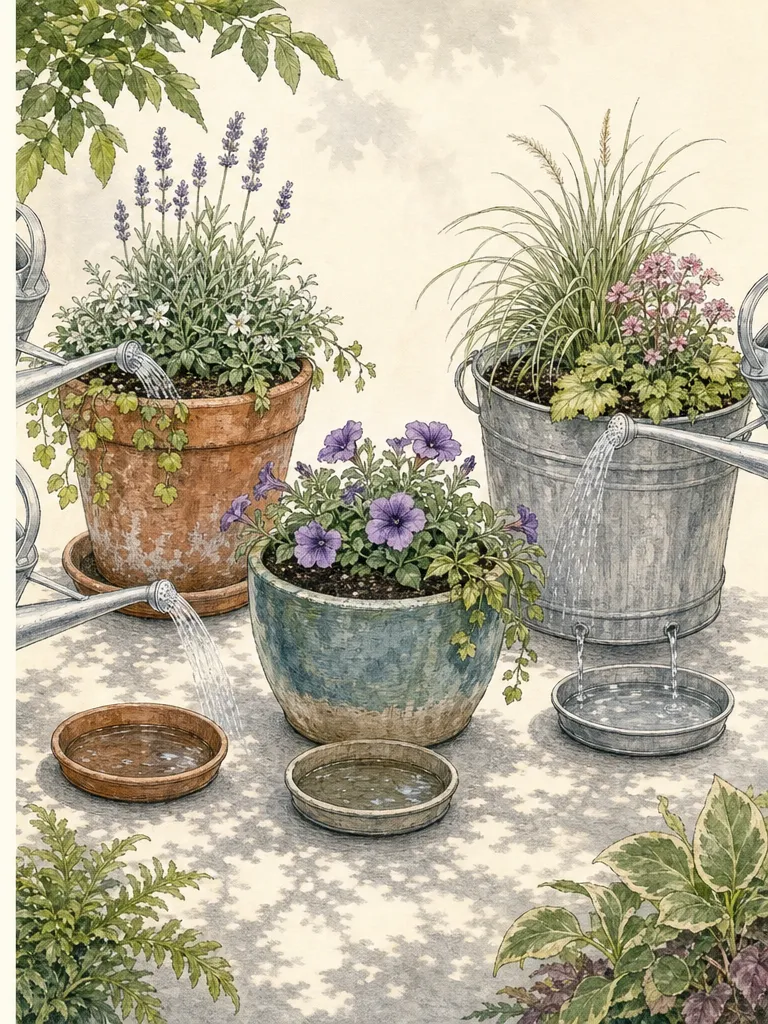 A mixed container is watered slowly, allowed to drain and checked through the center of the root ball instead of only at the rim