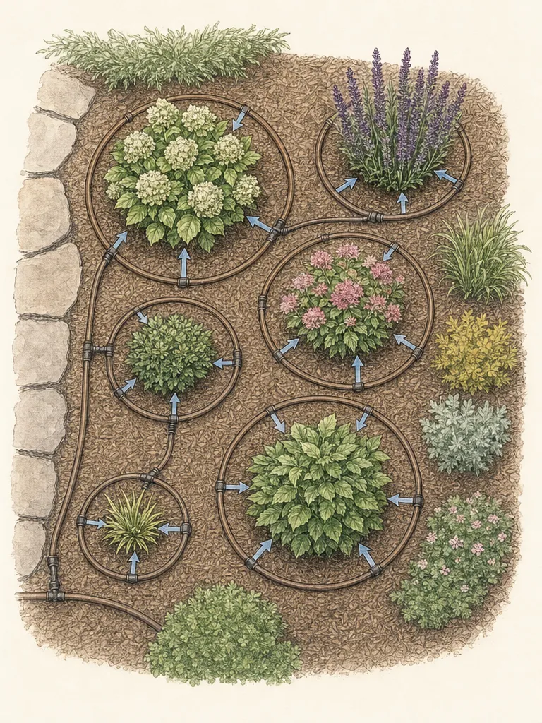 Overhead mixed shrub border plan with separate watering emitters at root balls, observation plants, runoff exclusions, and later outward adjustment