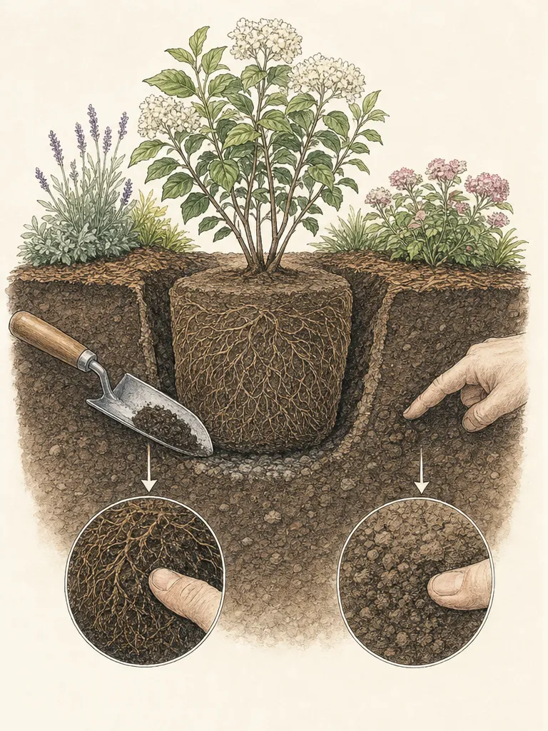 Section through a newly planted shrub showing separate hand-tool moisture checks inside the root ball and in surrounding native soil
