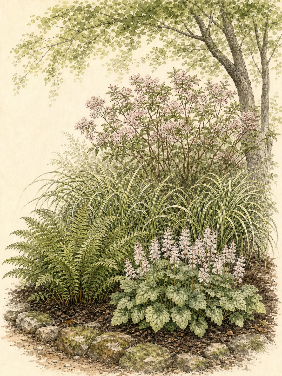 Layered woodland-edge planting of ferns, foamflower, sedges and an airy shrub beneath a high dappled canopy