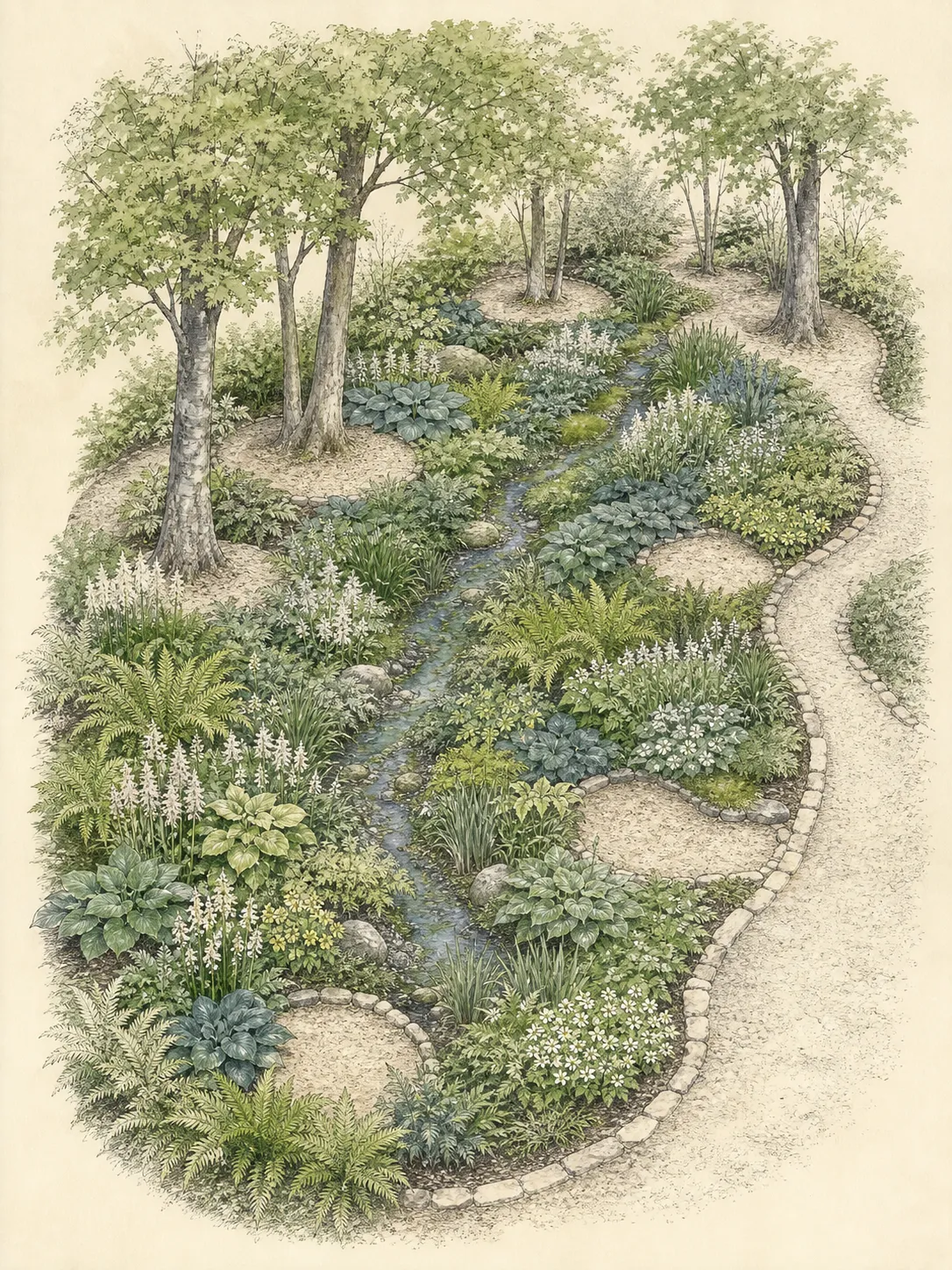 Woodland garden plan with repeated drifts following a moist swale, open tree bases and a clear maintenance route