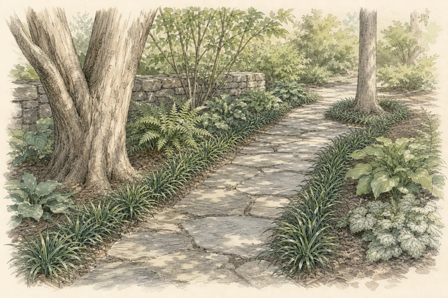 Garden placement study showing mature Mondo Grass in an ornamental planting