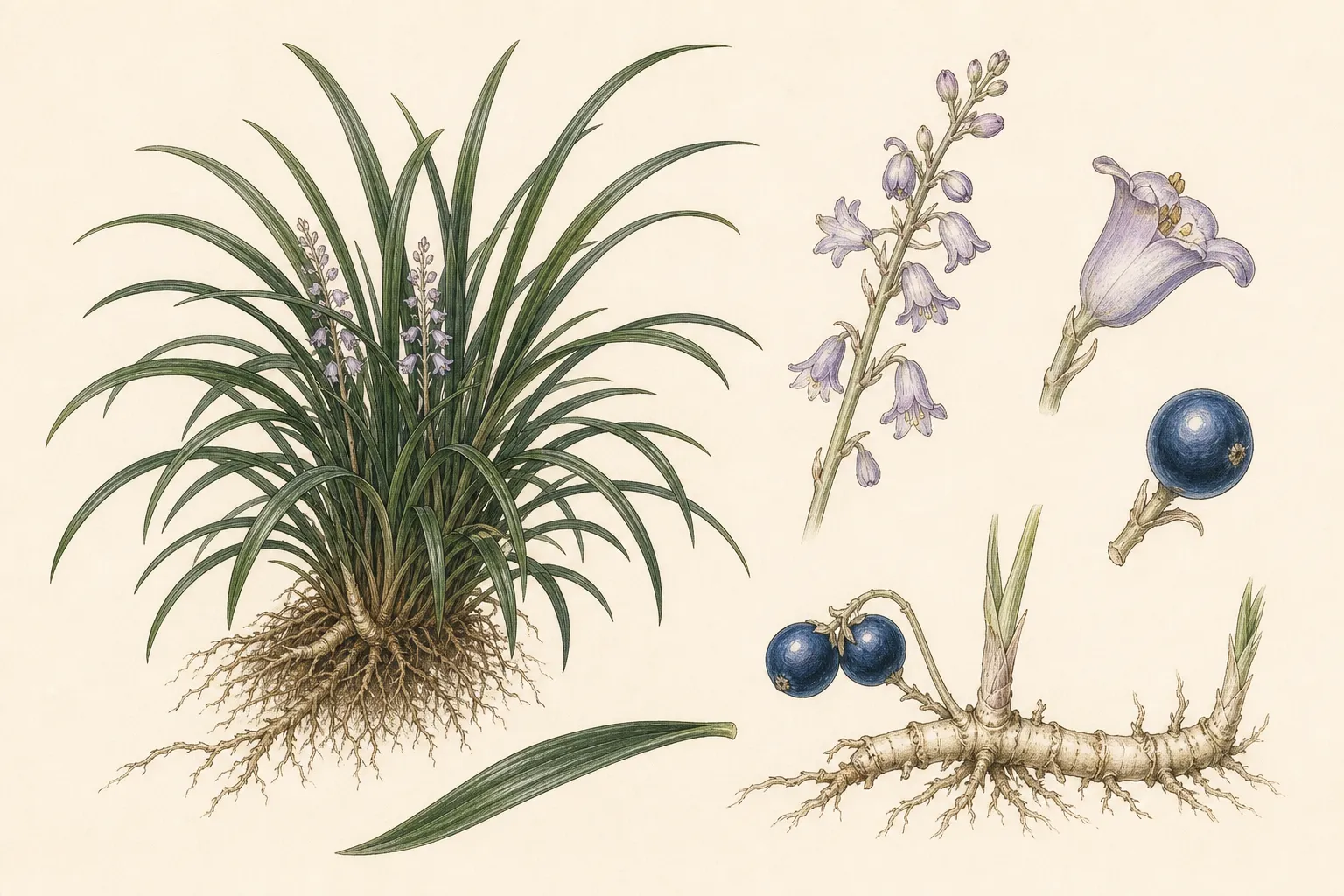Botanical identification plate of Mondo Grass, Ophiopogon japonicus