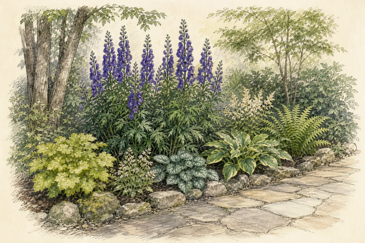 Garden placement study showing mature Monkshood in an ornamental planting