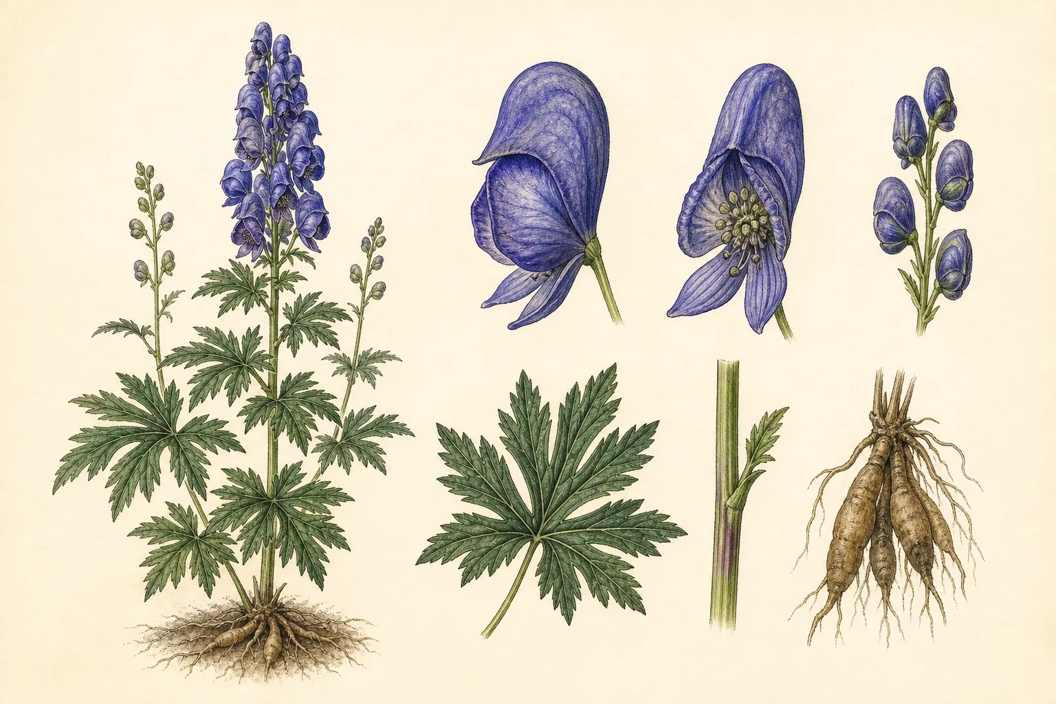 Botanical identification plate of Monkshood, Aconitum napellus