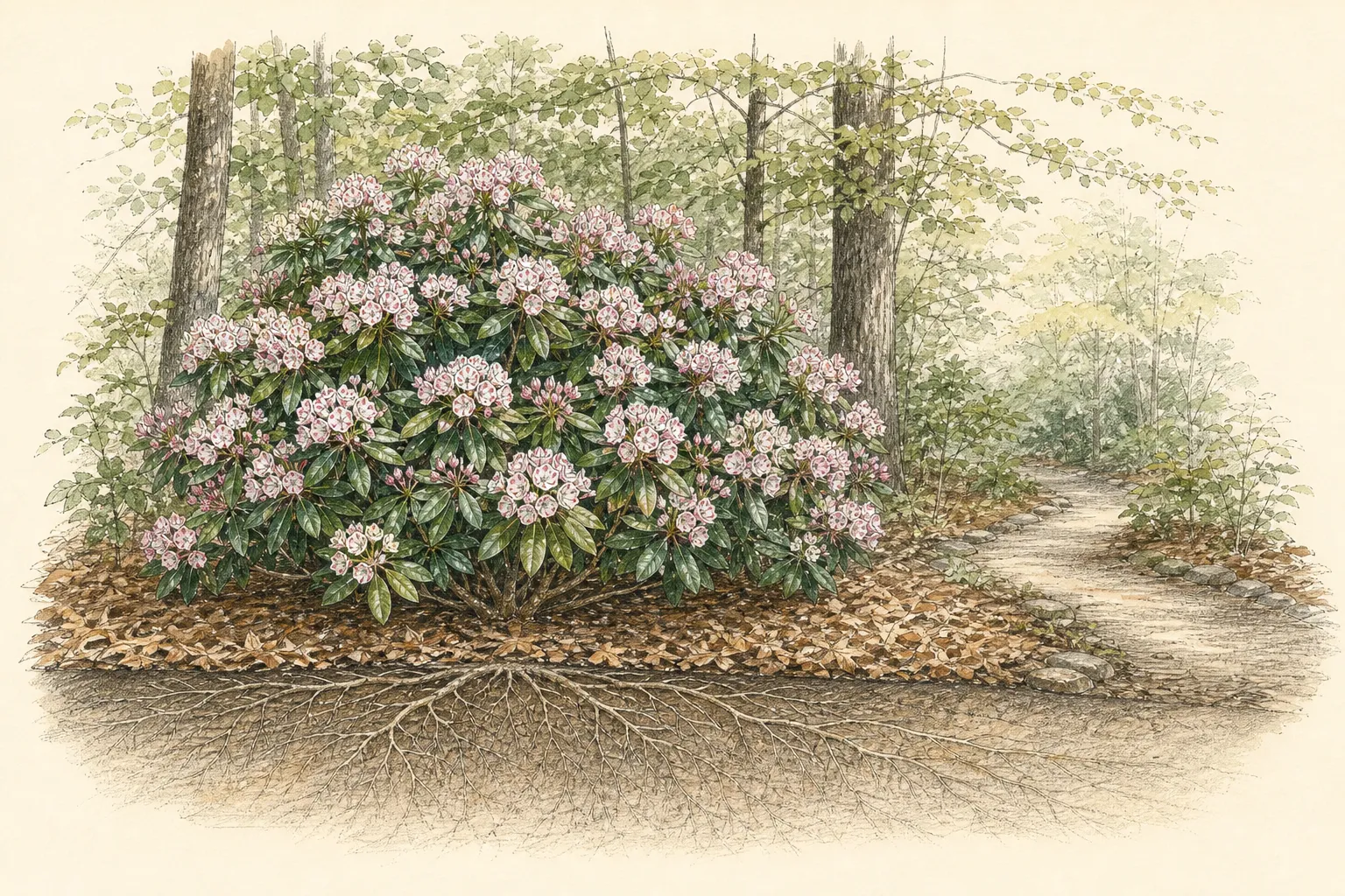 Garden placement study showing mature Mountain Laurel in an ornamental planting