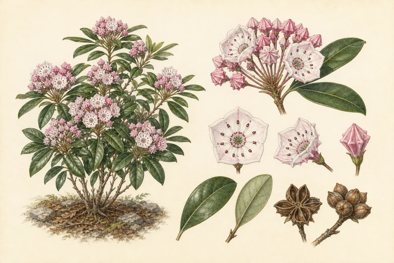 Botanical identification plate of Mountain Laurel, Kalmia latifolia