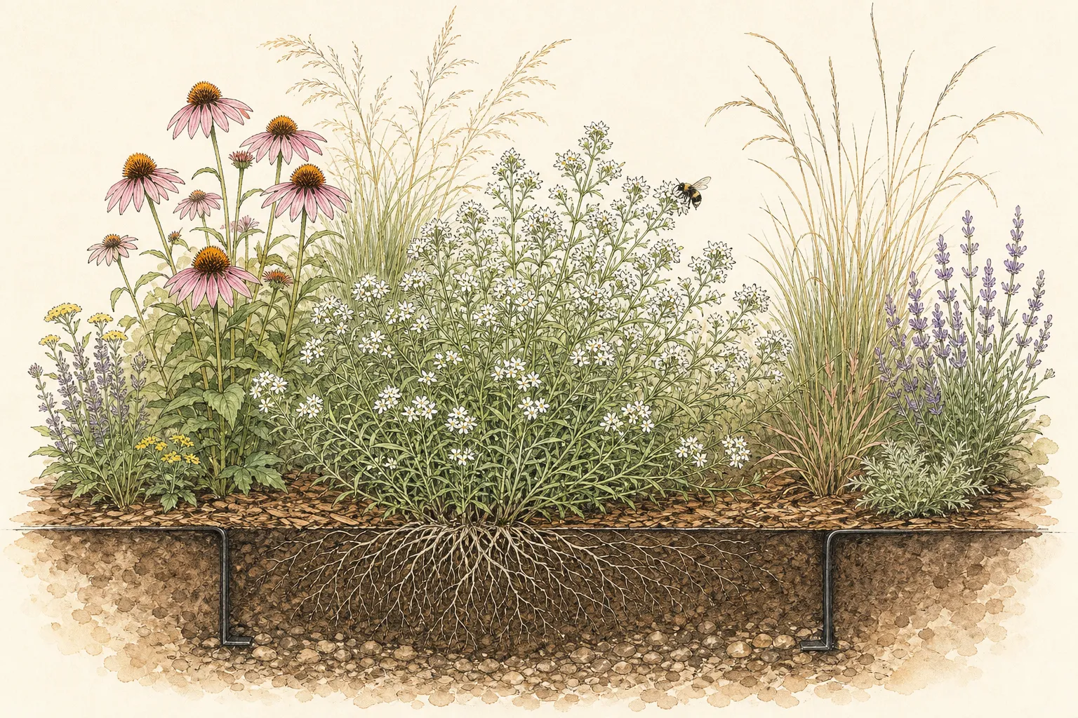 A mountain mint drift flowers within a curved mown or paved edge while a narrow stepping route preserves access through the pollinator border