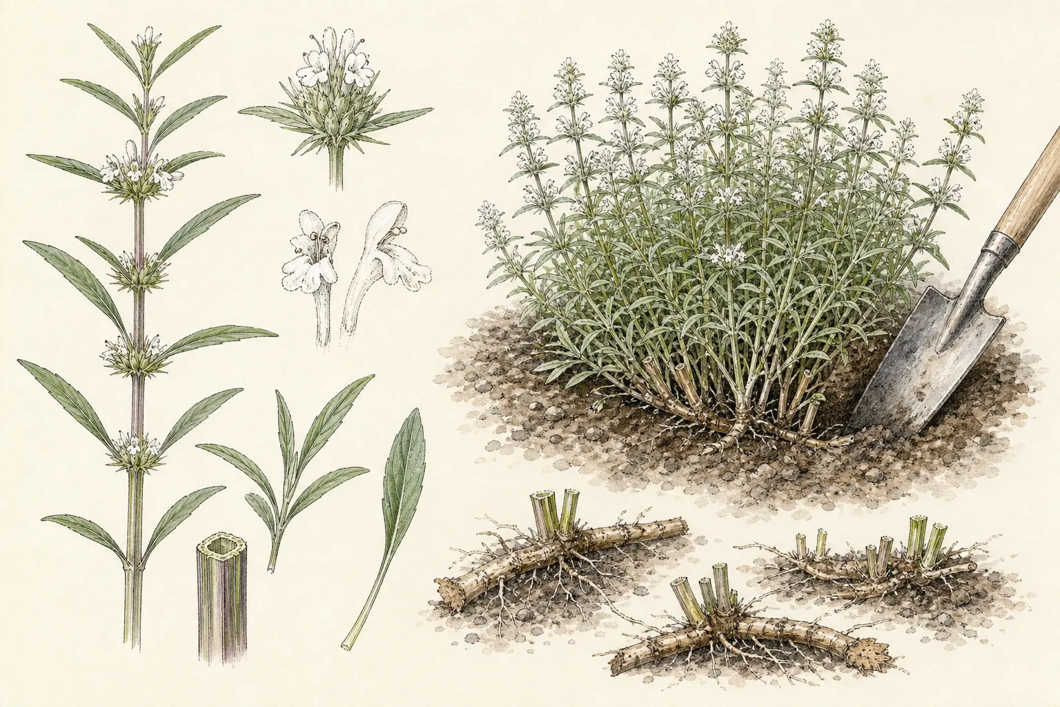 Mountain mint stems, opposite leaves, flower clusters, and spreading rhizomes are identified before an outer rooted section is divided and replanted