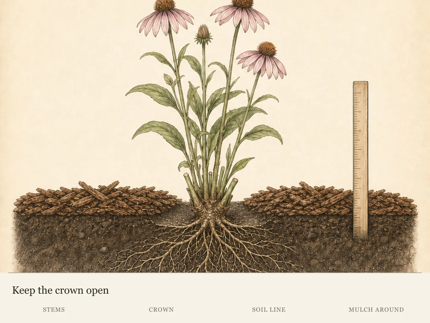 Perennial crown cross-section with roots below the soil line and organic mulch covering nearby soil without touching the crown