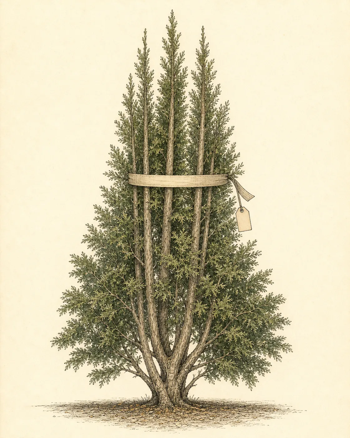 Upright multi-leader arborvitae has one broad flat support band at the upper-middle crown and a visible removal tag