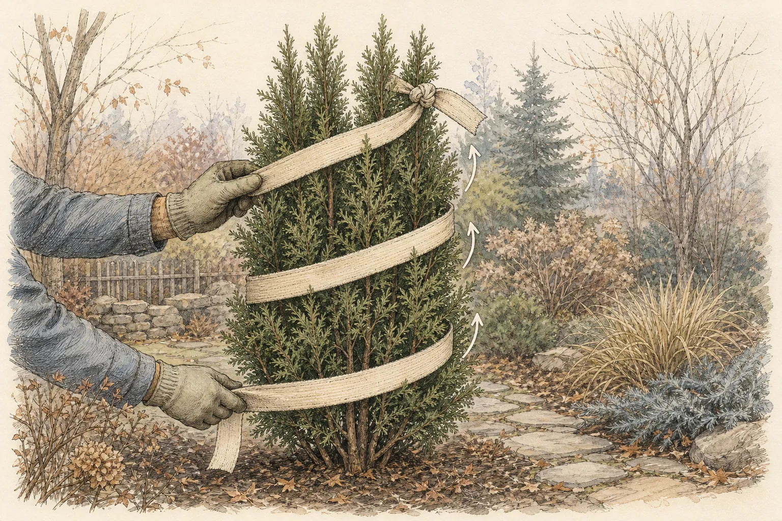 Gloved hands guide a broad cloth tie in a widely spaced upward spiral around a narrow evergreen while tips remain free