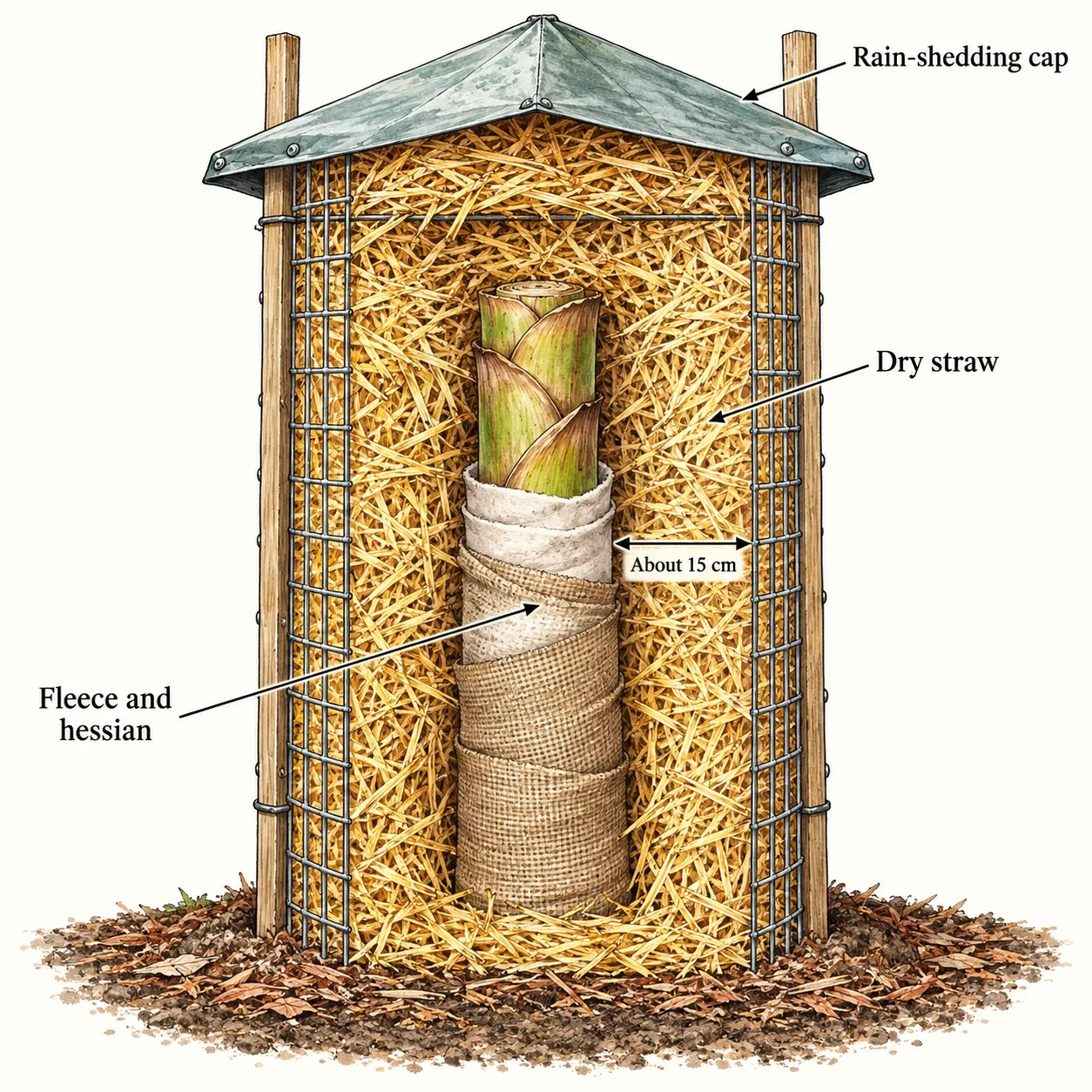 Cutaway winter cage shows a wrapped banana pseudostem, dry straw in the surrounding gap, two stakes and a rain-shedding top