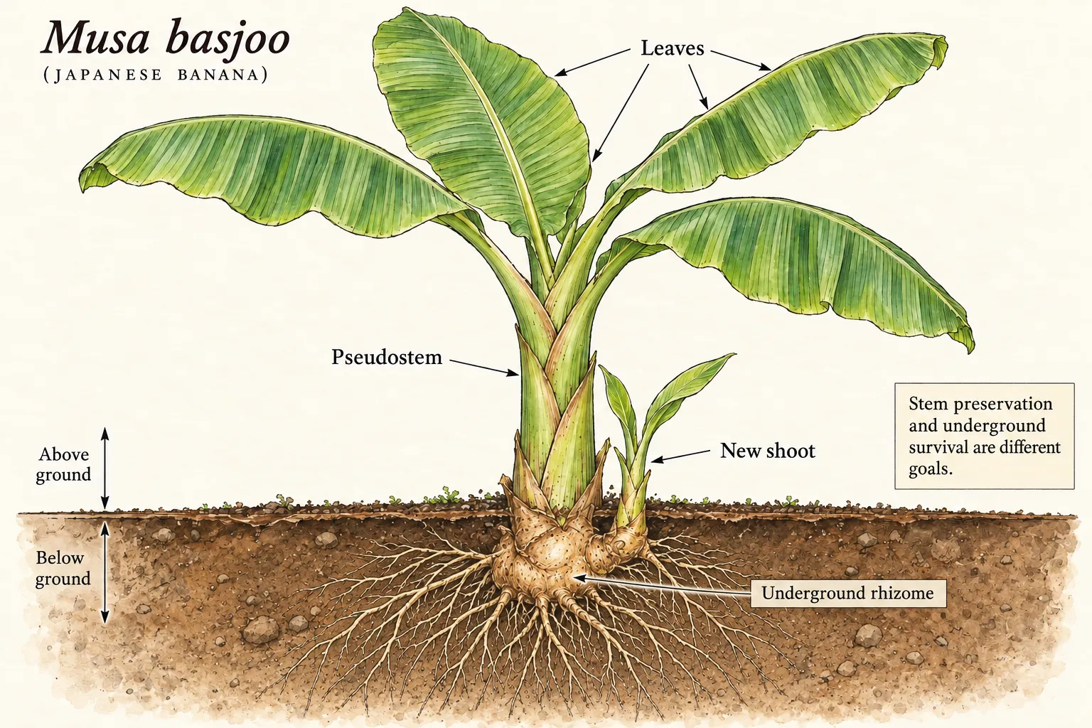 Musa basjoo diagram distinguishes paddle leaves, the above-ground pseudostem, a compact underground rhizome and a new side shoot