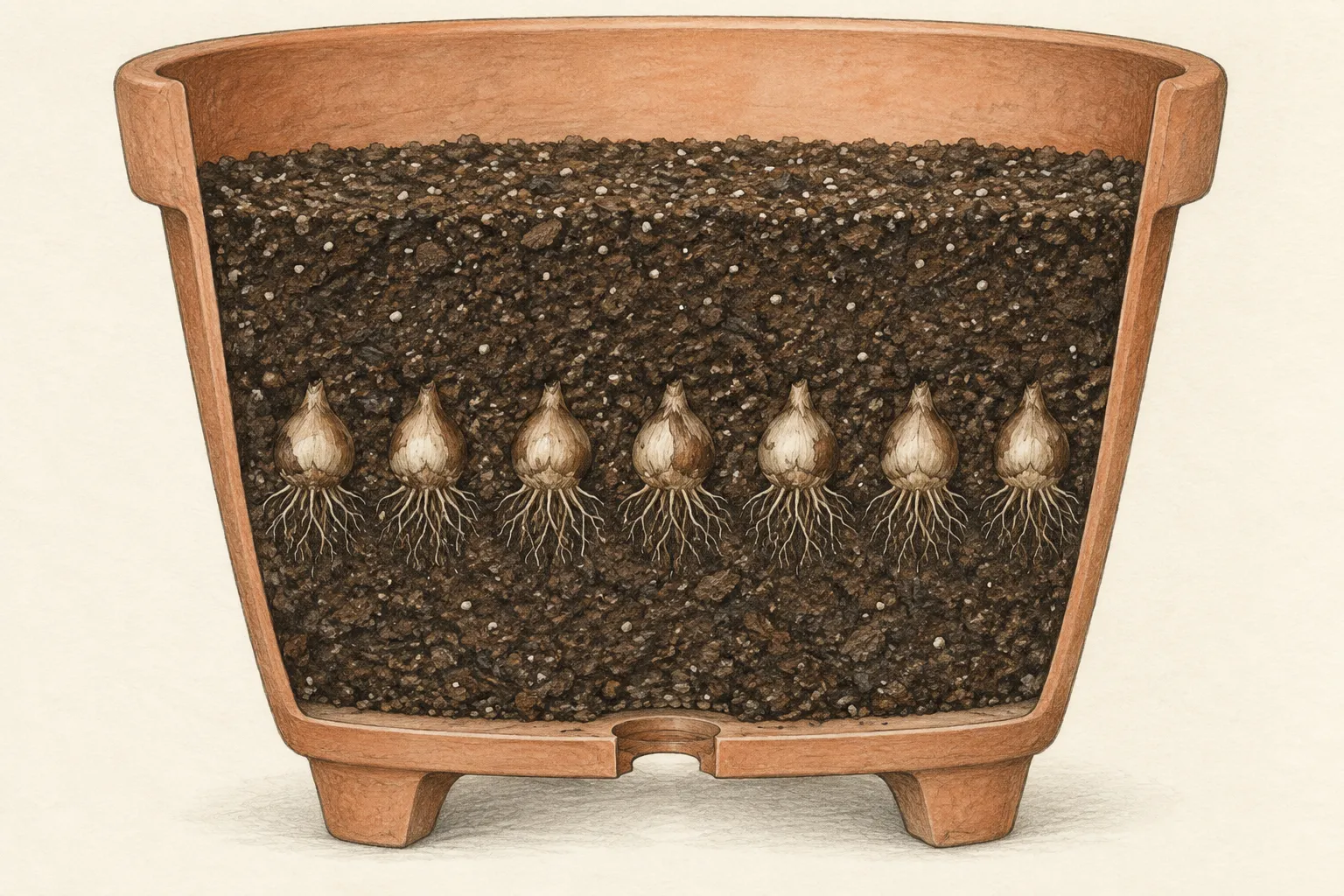 Cutaway of a drained terracotta pot with dormant Muscari bulbs buried in potting mix