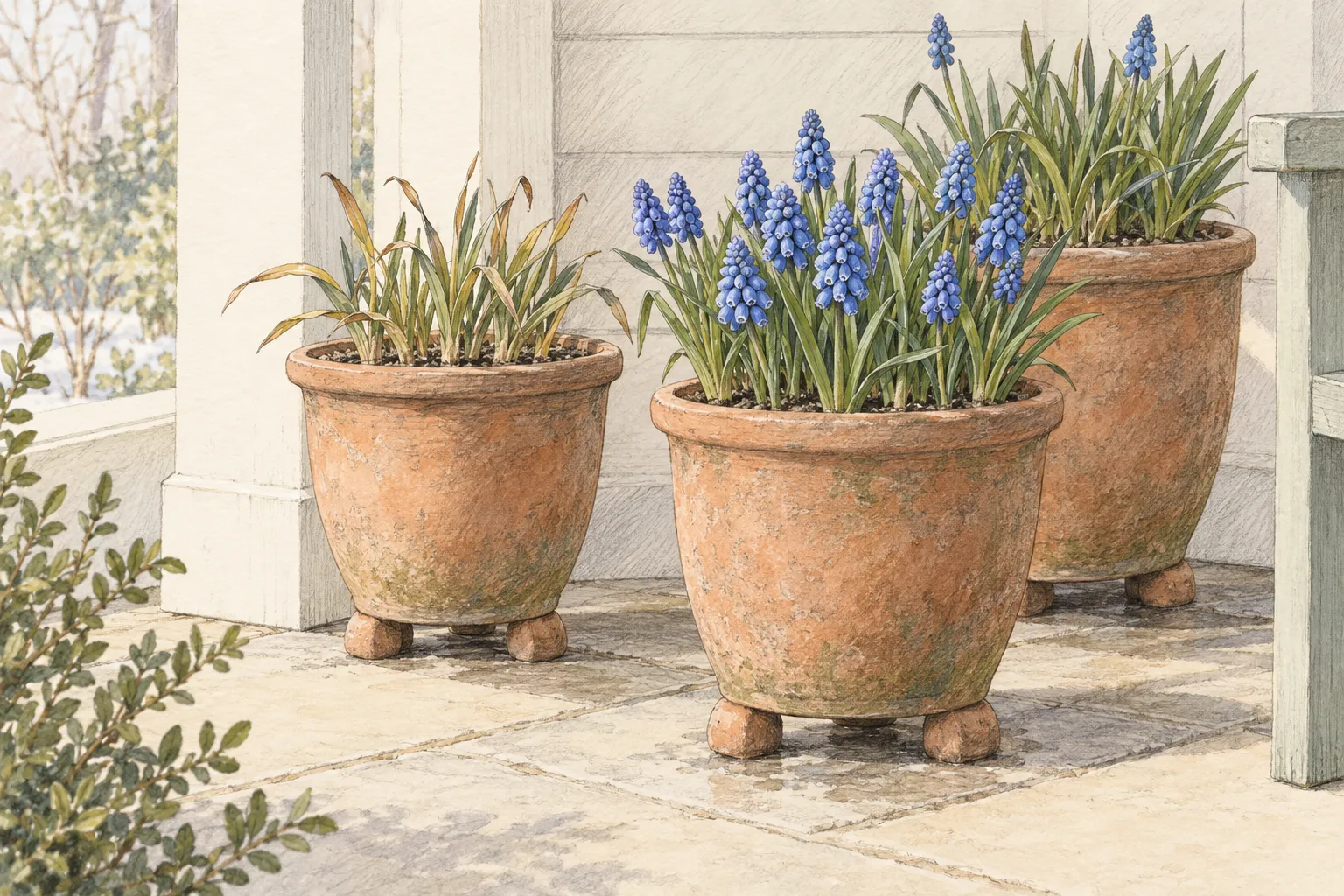 Three Muscari pots on raised supports at a sheltered porch, with leaves and blue flower spikes