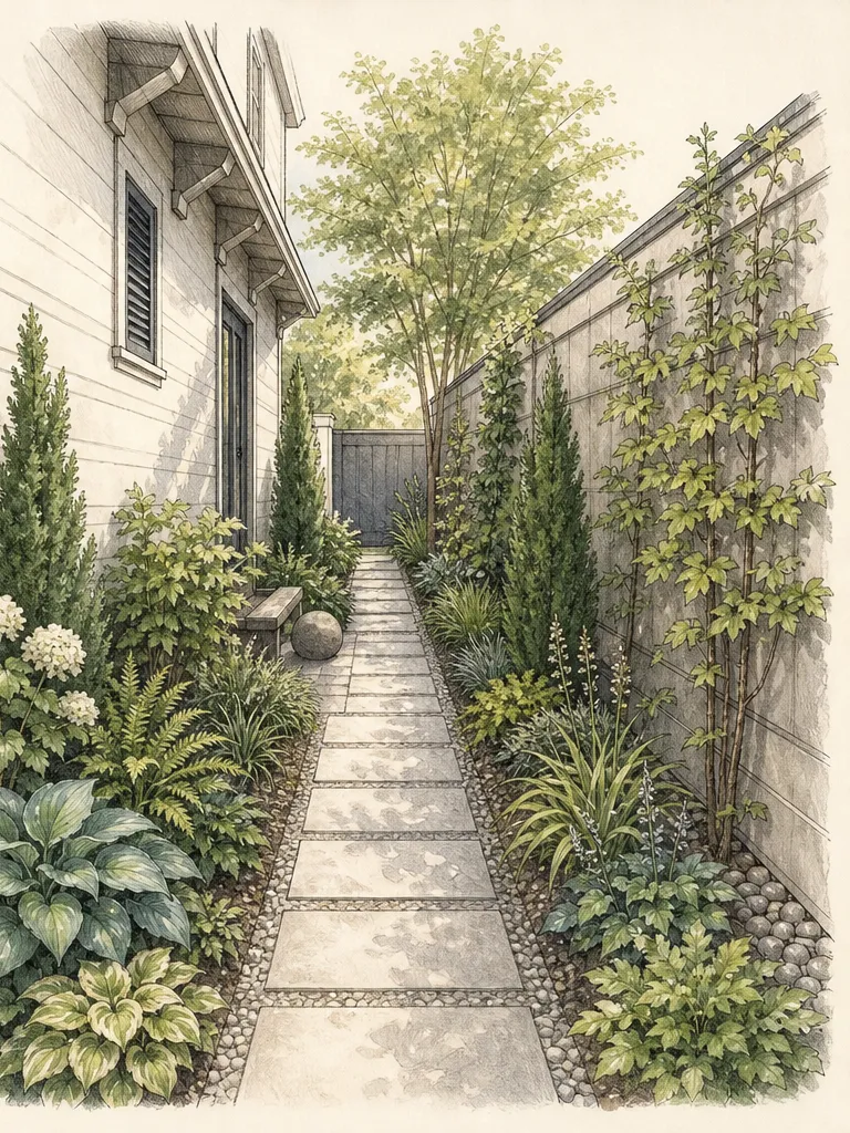 Cross-section of a narrow side yard with low path foliage, a restrained middle layer, one wall-trained vertical plane, and open sky above